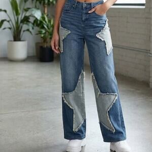 Size 7 Star Patch Carpenter Jeans Y2K Grunge Wide Leg Two-Toned Star Applique